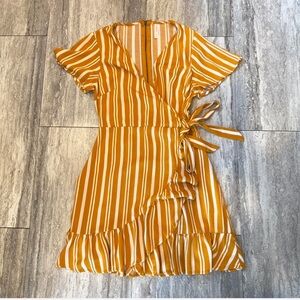 Striped Wrap Dress in Mustard and White